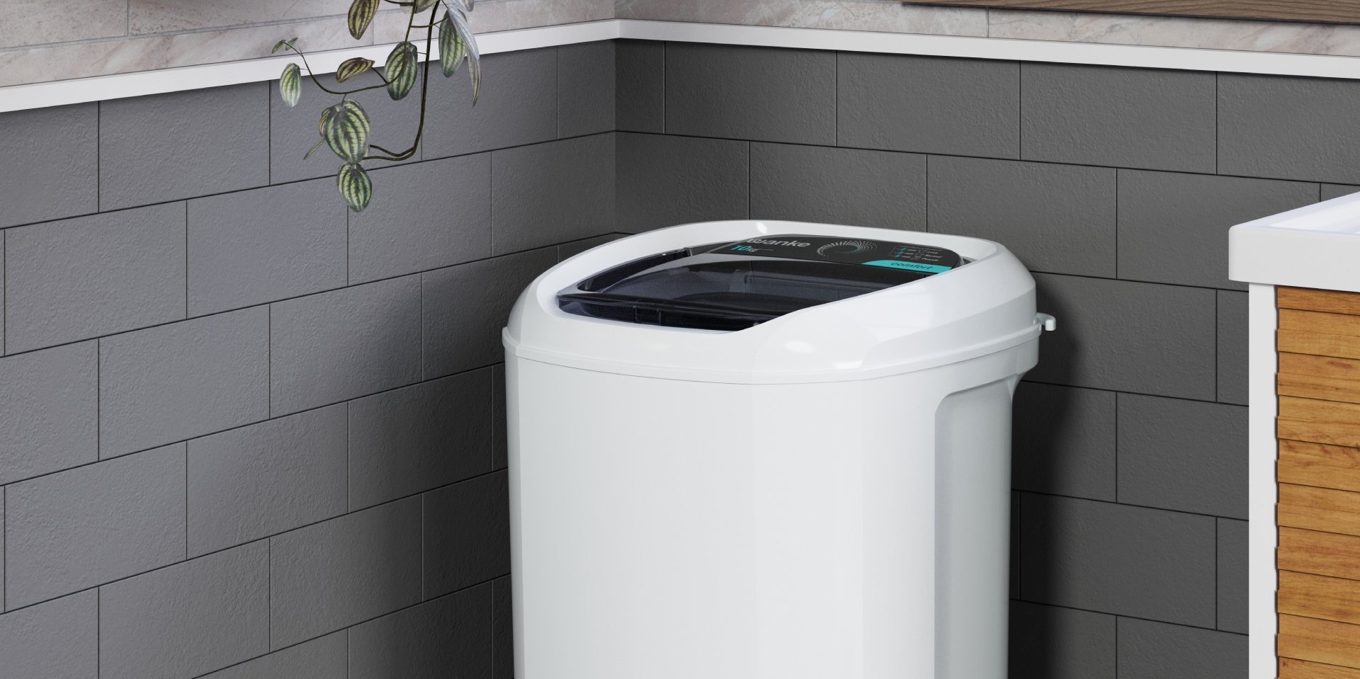 Imagem renderizada em 3D do produto em uma lavanderia