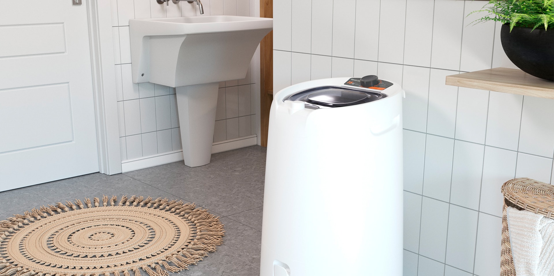 Imagem renderizada em 3D do produto em uma lavanderia