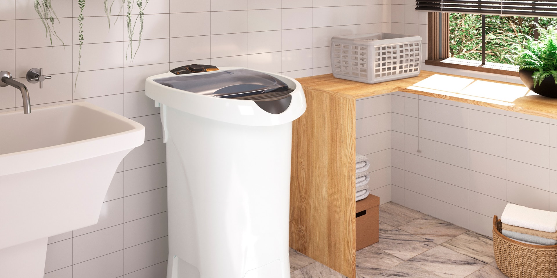 Imagem renderizada em 3D do produto em uma lavanderia