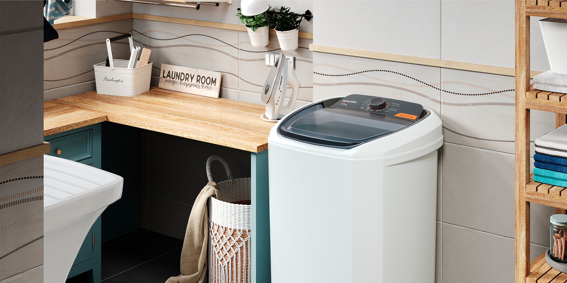 Imagem renderizada em 3D do produto em uma lavanderia