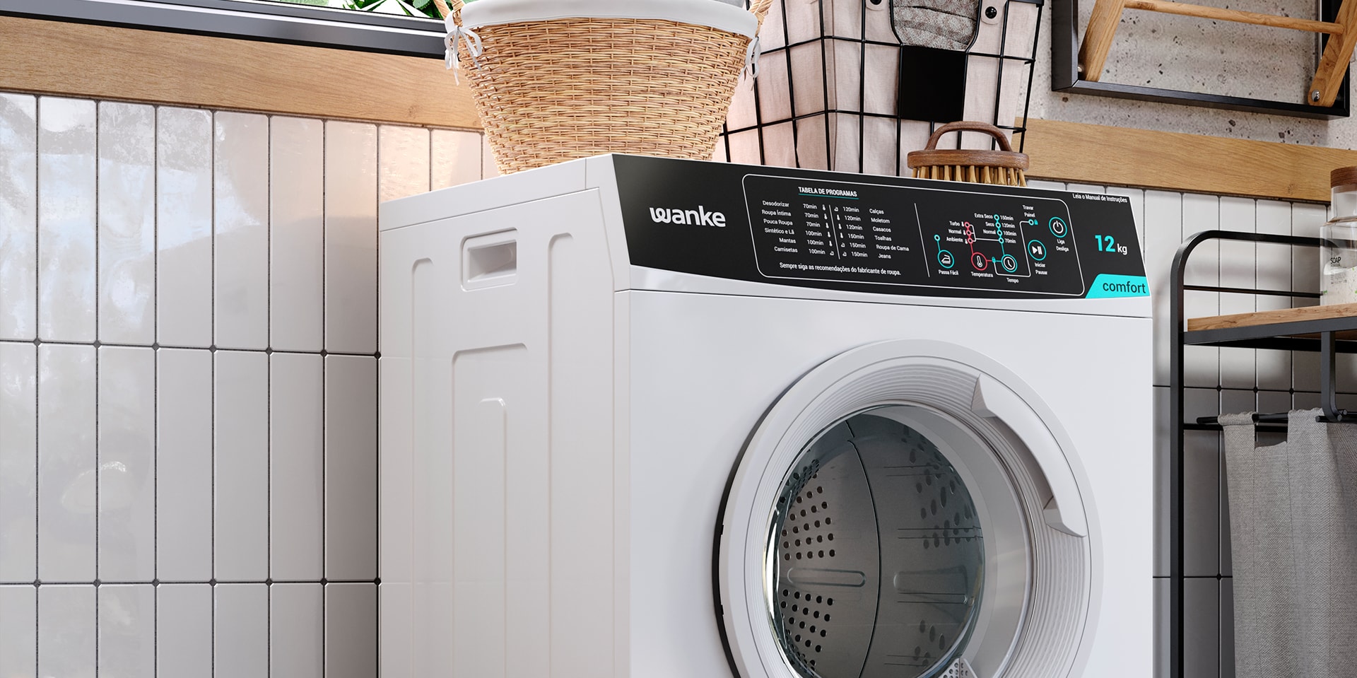 Imagem renderizada em 3D do produto em uma lavanderia