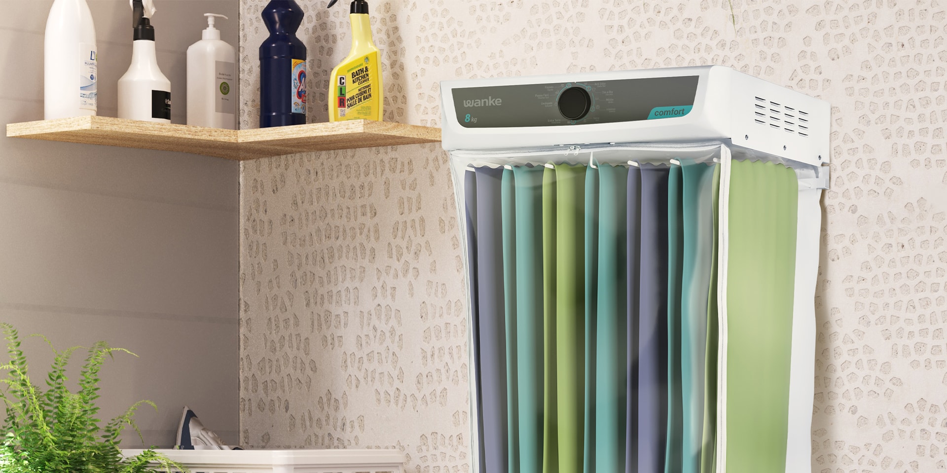 Imagem renderizada em 3D do produto em uma lavanderia