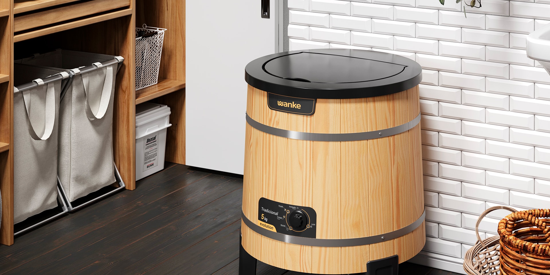 Imagem renderizada em 3D do produto em uma lavanderia